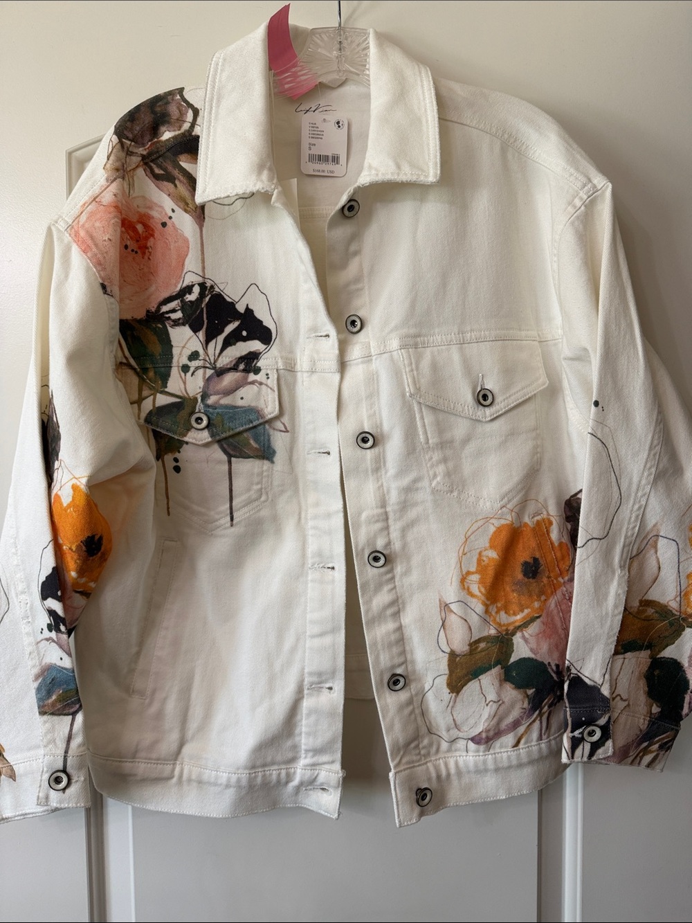 FOR MONICA ONLY Anthropologie White Denim Jacket with Floral Watercolor Print
